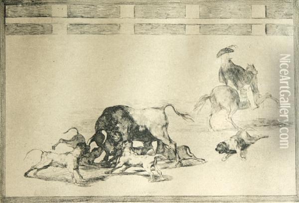 Echan Perros Al Toro, Pl. 25, From Tauromaquia Oil Painting - Francisco De Goya y Lucientes