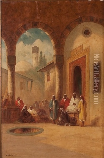 Gathering Of Arab Men With A Mosque In The Background Oil Painting - Jean-Leon Gerome
