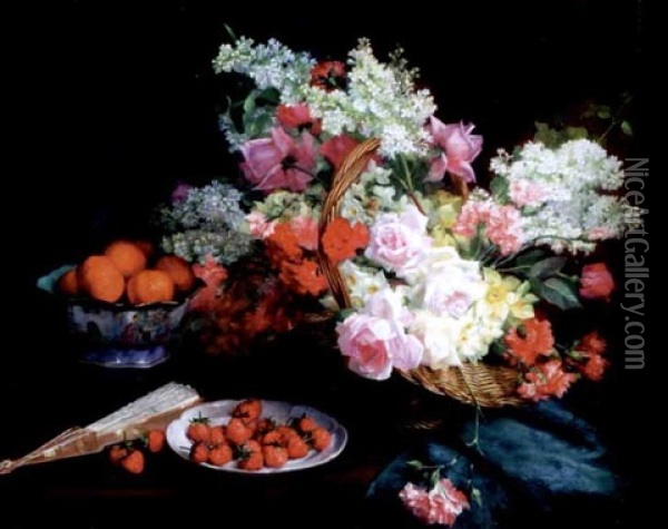 Panier De Fleurs, Fruit Et Eventail Oil Painting - Hortense M.G. Dury-Vasselon
