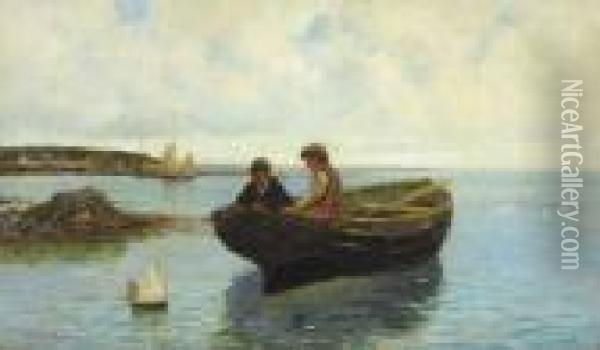 Children With Sailboat Oil Painting - Charles Napier Hemy