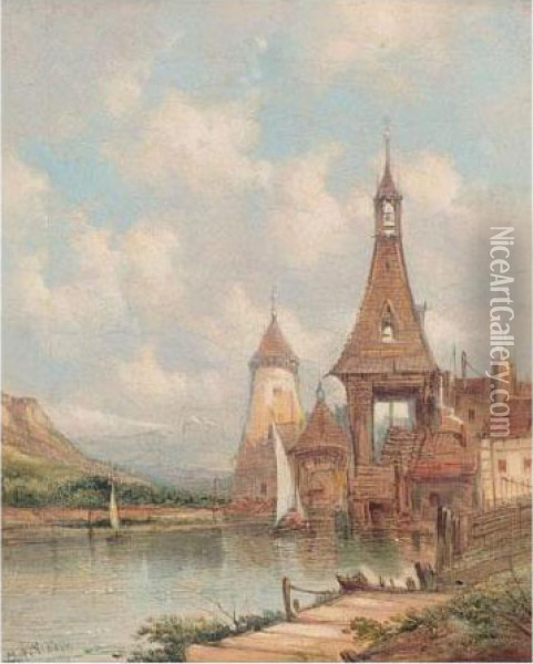 A Village On The Rhine; A Mill On The Rhine Oil Painting - A.H. Vickers