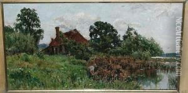 Cottage And Figure By A Riverside Oil Painting - Sidney Grant Rowe