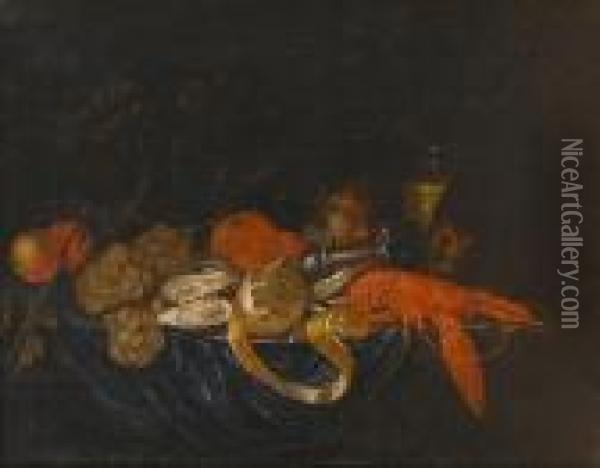 A Pewter Dish Of Oysters, 
Lobster And A Peeled Lemon On A Draped Table With Grapes, Oranges And A 
Roemer
 Of White Wine Oil Painting - Jan Pauwel Ii Gillemans