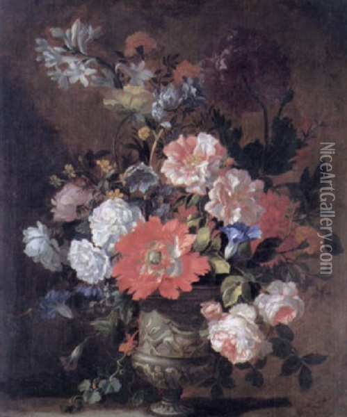 Still Life Of Roses, A Poppy, Peonies, Hyacinths, Convolvulus And Other Flowers In A Stone Vase On A Stone Ledge Oil Painting - Jean-Baptiste Monnoyer