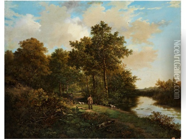 Zwei Jager Mit Jagdhunden Am Waldrand Vor Einem Teich Oil Painting - Barend Cornelis Koekkoek
