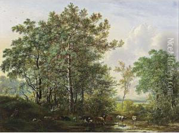 Cows In A Wooded Landscape Oil Painting - Pieter Gerardus Van Os