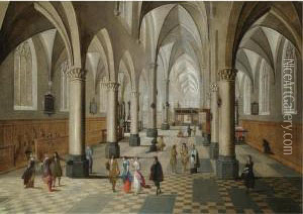A Cathedral Interior With Figures Oil Painting - Pieter Neefs The Elder, Frans The Younger Francken