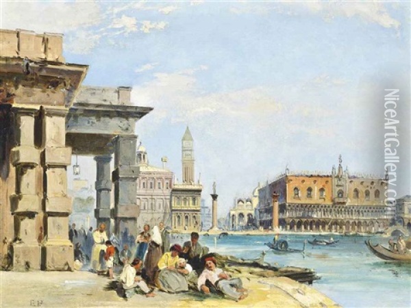 After The Service, Venice, With The Piazza San Marco And The Dogana Beyond Oil Painting - Edward Pritchett
