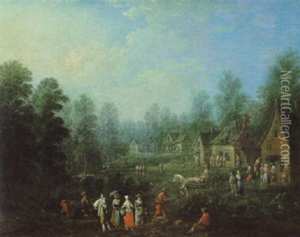 Ein Dorf Im Walde Mit Vielen Figuren Und Einem Pferdewagen Oil Painting - Joseph van Bredael