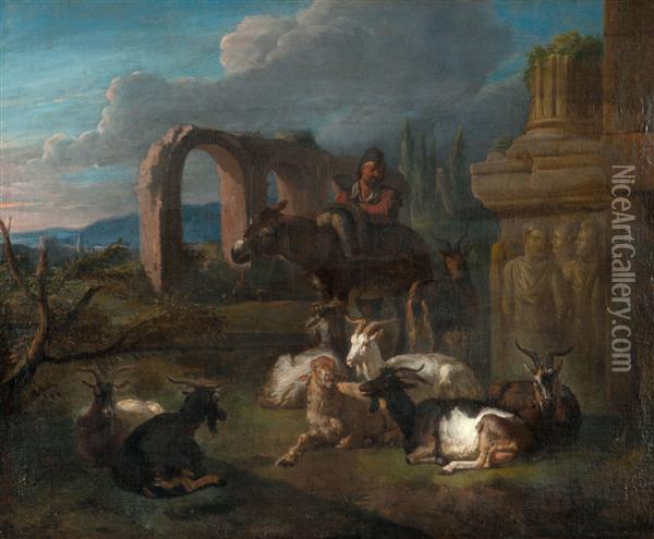 Un Berger Et Son Troupeau Pres De Ruines Antiques Oil Painting - Pieter van Bloemen