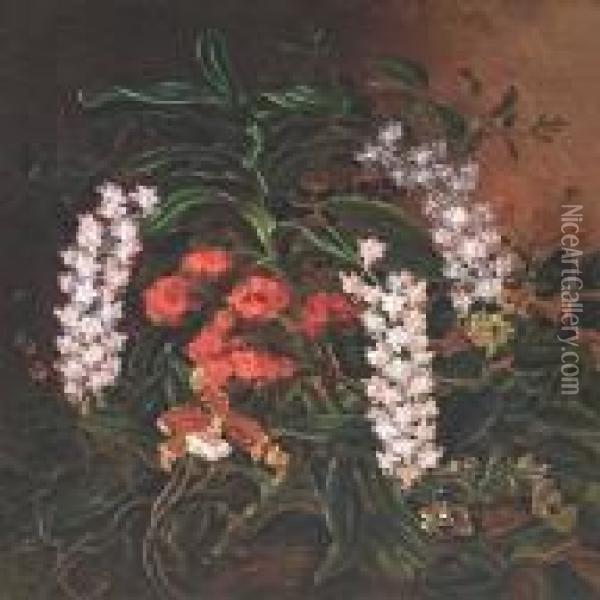 Exotic Flowers In Forest Floor Oil Painting - I.L. Jensen