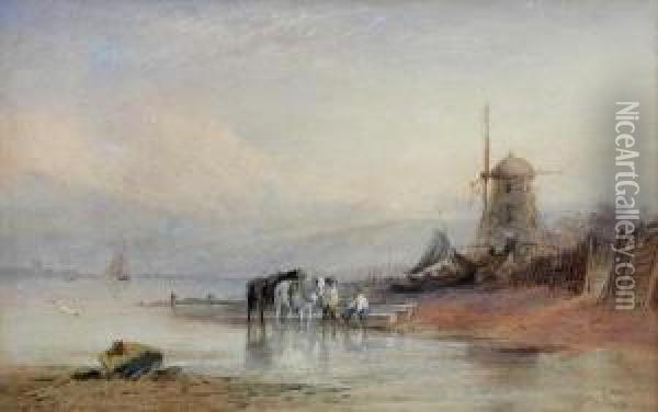 Fisherfolk With Heavy Horses By A Windmill On A Seashore Oil Painting - Thomas Leeson Rowbotham