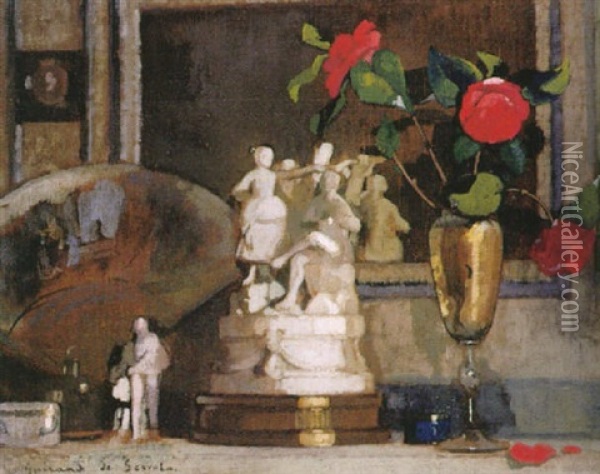 Stilleben Mit Porzellanfigurinen, Blumenvase Und Facher Oil Painting - Lucien Victor Guirand De Scevola