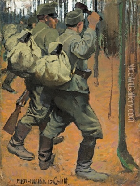 Soldiers In The Forest Oil Painting - Vilmos Aba-Novak