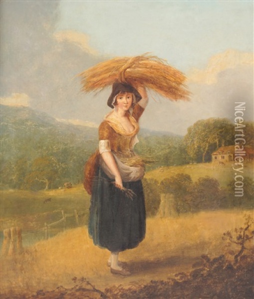 The Gleaner, A Young Girl In A Cornfield, A Farm In The Distance Oil Painting - Francis Wheatley