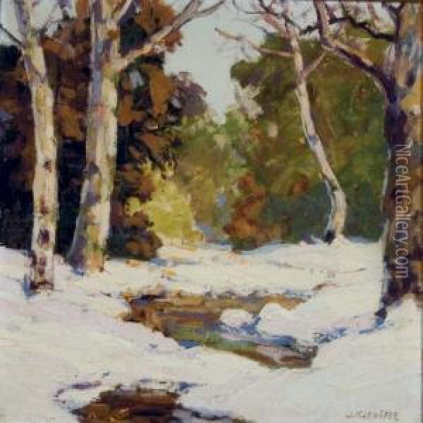 Snowy River Bank In The Woods; And A Companion Painting Oil Painting - Walter Koeniger