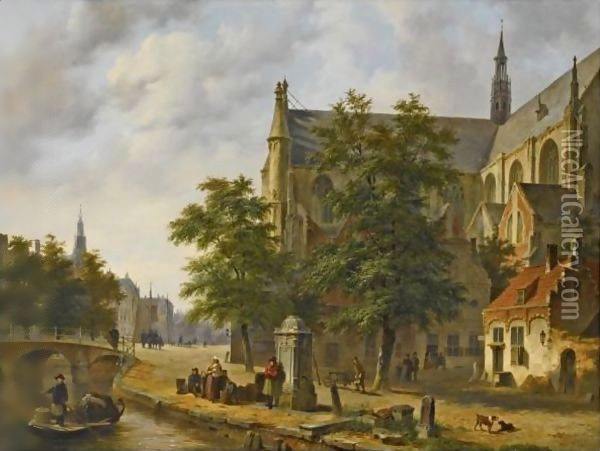 Figures Near A Church In A Dutch Town 2 Oil Painting - Bartholomeus Johannes Van Hove