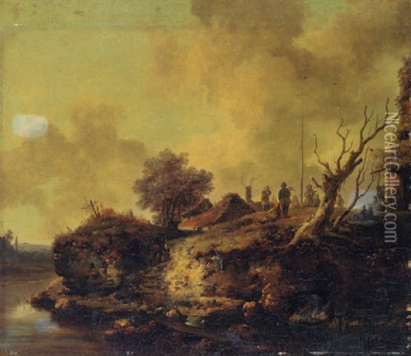 A River Landscape With Sportsman Shooting At A Popinjay On The Bank Oil Painting - Jean-Baptiste Leprince