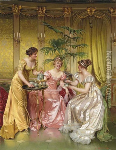 Afternoon Tea For Three Oil Painting - Charles Soulacroix