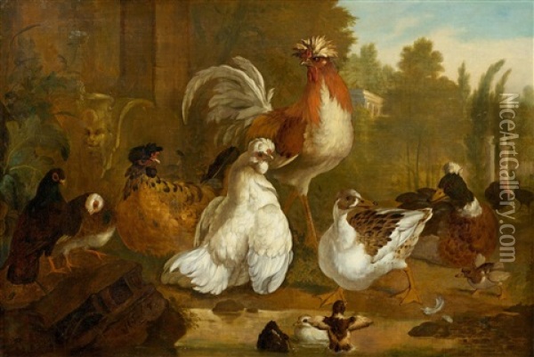 Fowl By The Water Against A Background Of Elegant Parkland Oil Painting - Pieter Casteels III