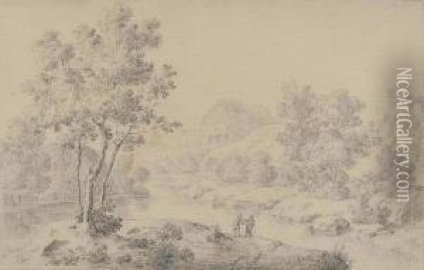A Wooded Landscape With Two Travellers On A River Bank Oil Painting - Willem van Mieris