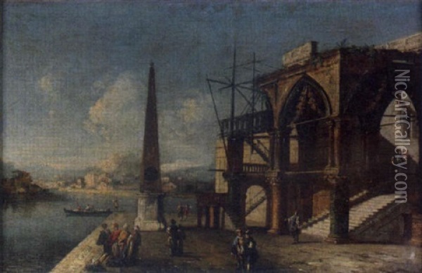 An Architectural Capriccio With A Gothic Portico And An Obelisk Oil Painting - Michele Marieschi