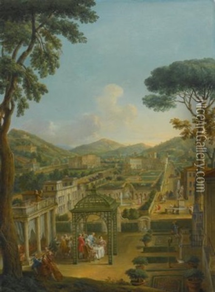 An Extensive Landscape With Villas And Figures, Including The Artist Himself, Dining Beneath A Pergola In The Foreground Oil Painting - Giovanni Paolo Panini