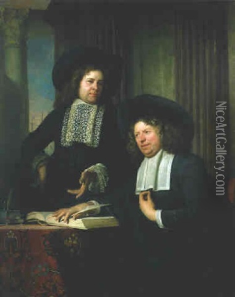 Two Gentlemen Seated At A Table Oil Painting - Bartholomeus Van Der Helst
