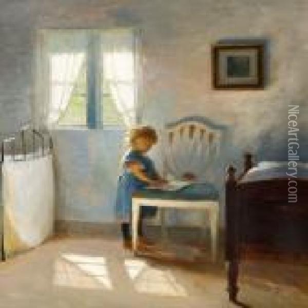 Sunny Interior With The Artist's Daughter Ellen At A White Chair Oil Painting - Peder Vilhelm Ilsted