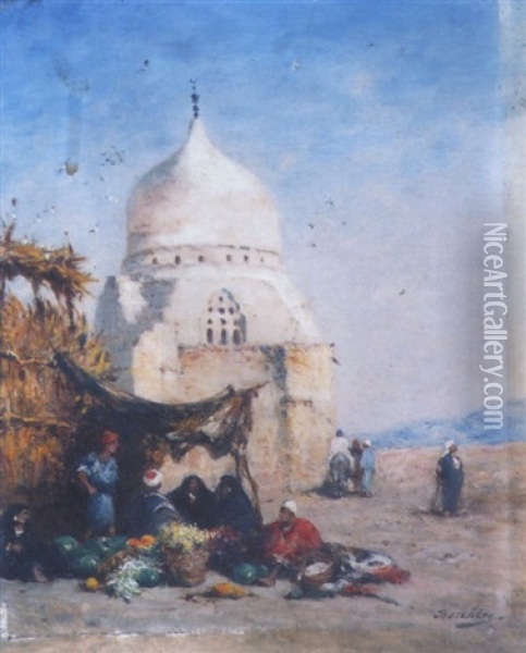 Marchands Devant La Mosquee Oil Painting - Narcisse Berchere