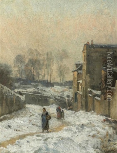 Montmartre. La Rue Cortot, Effet De Neige Oil Painting - Stanislas Lepine