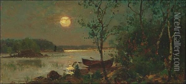 Lake Shore In Moonlight Oil Painting - Hjalmar (Magnus) Munsterhjelm