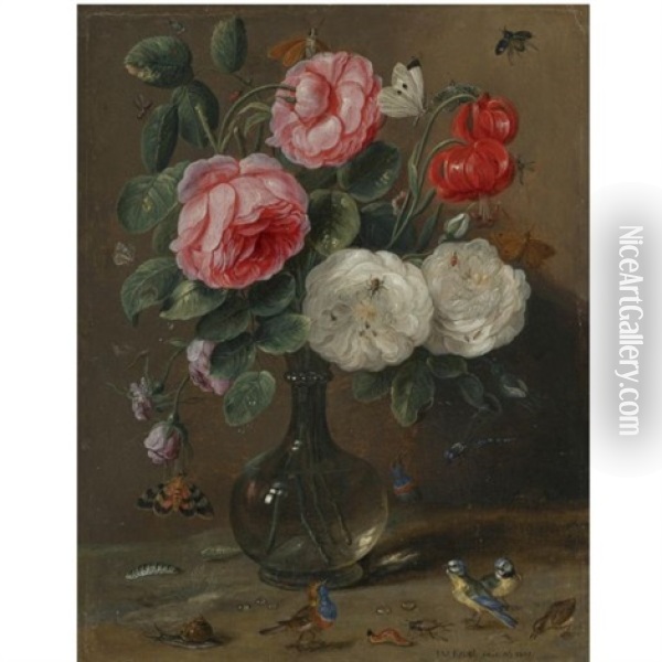 Still Life Of Roses In A Glass Vase With Numerous Insects, Including Butterflies, A Ladybird, A Bee And A Dragon Fly, Together With Further Insects And Small Songbirds, Including Two Bluetits Oil Painting - Jan van Kessel the Elder