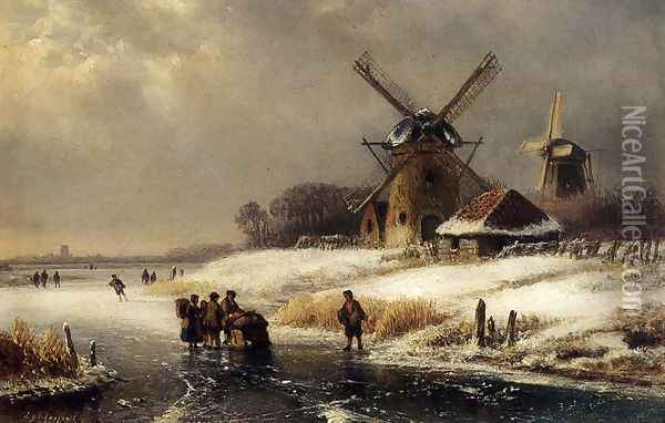 Figures On A Frozen Waterway By A Windmill Oil Painting - Lodewijk Johannes Kleijn