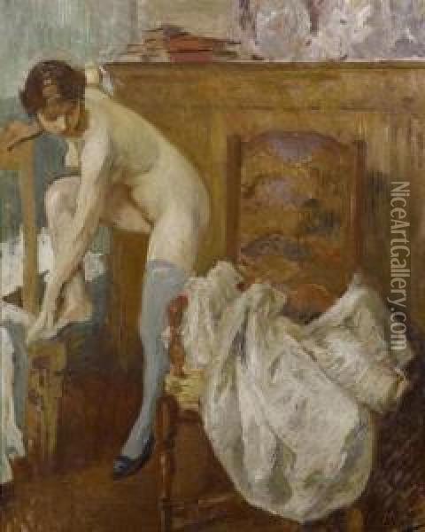 Female Nude In Her Bedroom. Oil Painting - Otto Vautier