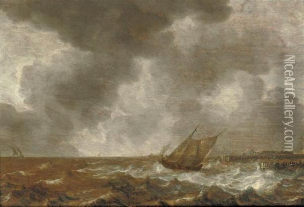 Shipping In Stormy Waters Oil Painting - Jan van Goyen
