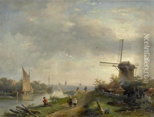 River Landscape With Windmill Oil Painting - Charles Henri Leickert