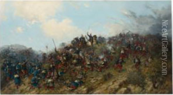 La Batalla De Trevino Oil Painting - Francisco Manuel Oller