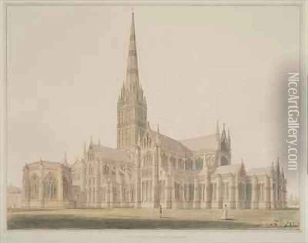 South East View of the Salisbury Cathedral and Chapter House Oil Painting - John Buckler