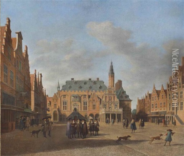 The Grote Markt, Haarlem, Looking West, With The Town Hall And Figures Conversing In The Market Square Oil Painting - Gerrit Adriaensz Berckheyde