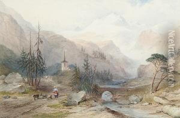 An Alpine Landscape With A Figure On A Track With Goats Oil Painting - Charles Frederick Buckley