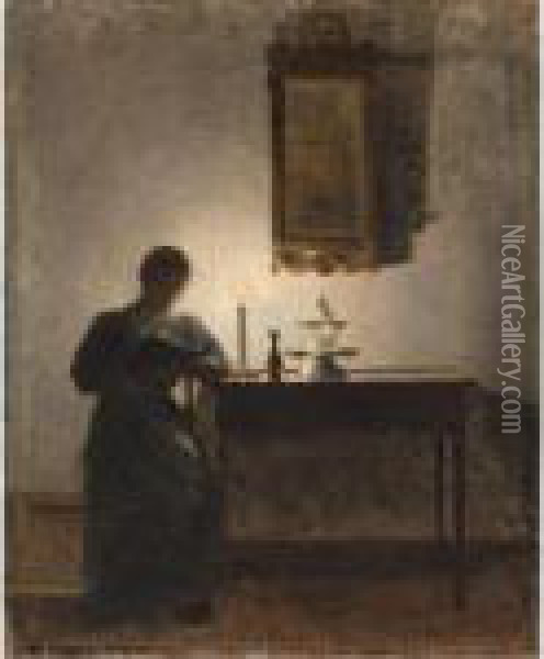 I Stearinlysets Skaer (reading By Candlelight) Oil Painting - Peder Vilhelm Ilsted