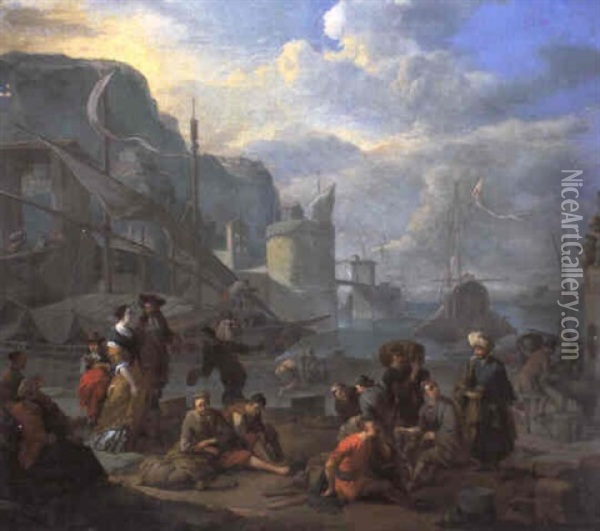 Sudlicher Hafen Mit Einem Wachturm Links Und Einer          Brunnenanlage Rechts Oil Painting - Johannes Lingelbach
