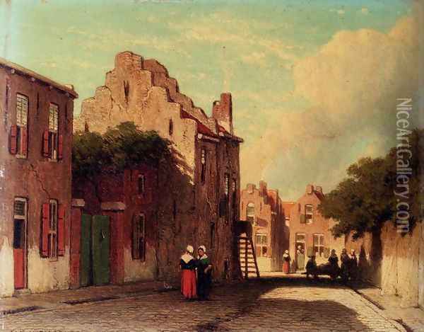 A Sunlit Townview With Figures Conversing Oil Painting - Jan Hendrik Weissenbruch