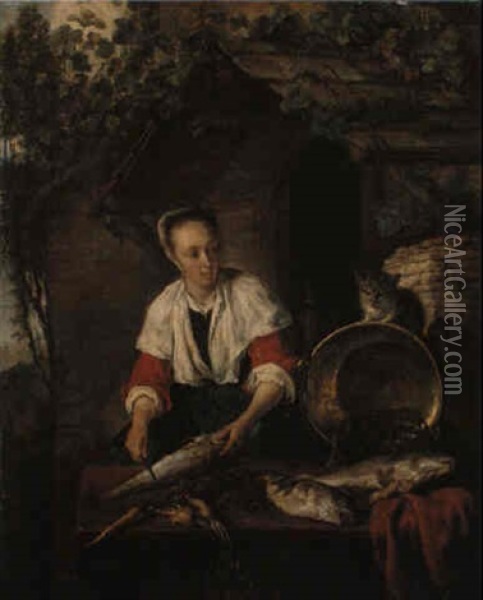 A Maid Cleaning Fish Outside A House Oil Painting - Gabriel Metsu