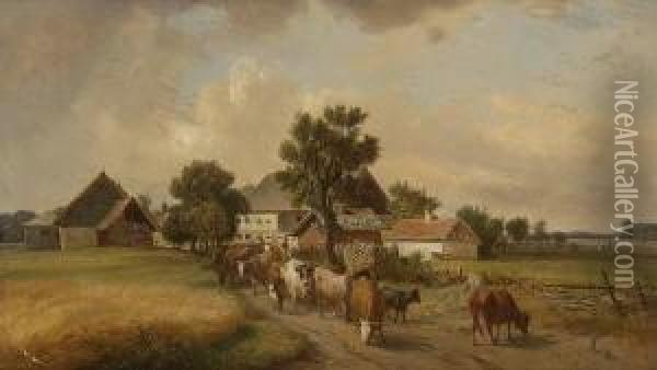 Austrieb Der Herde. Oil Painting - Alois Bach