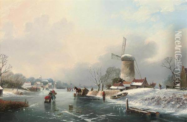 A Frozen River Landscape Oil Painting - A. J. F. De Groote