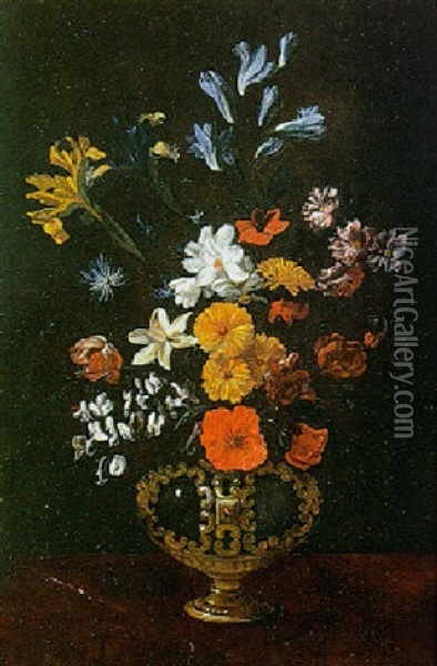 Bouquet De Fleurs Sur Un Entablement Oil Painting - Giacomo Recco