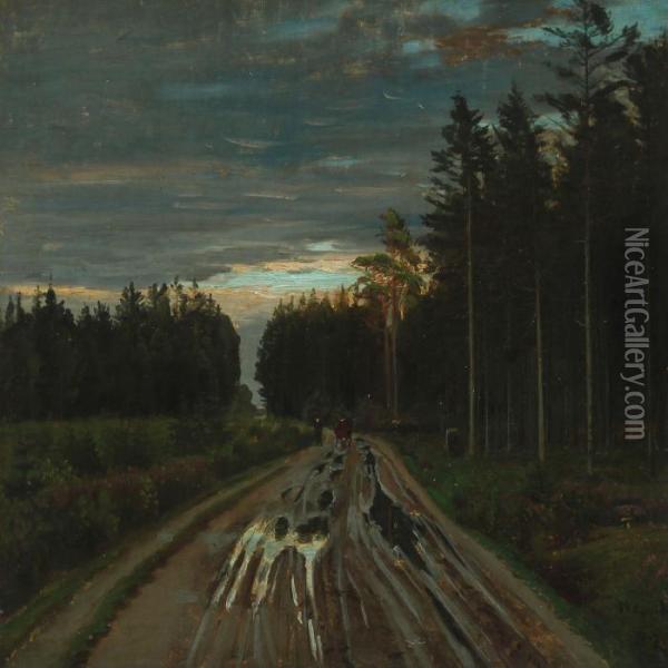 Man With Cow In Forest Near Silkeborg Oil Painting - Christian Zacho