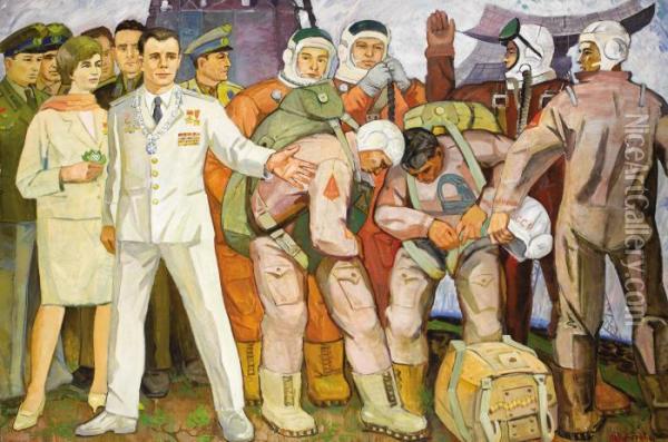 Cosmonauts And Yuri Gregarin Oil Painting - Mikhail Vasilievich Nesterov
